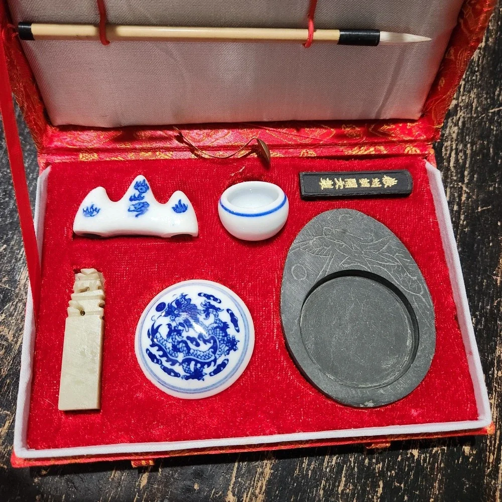 Chinese Calligraphy Set w 2 Brushes, Chop, Ink Stone, Ink Stick, Brush Holder+